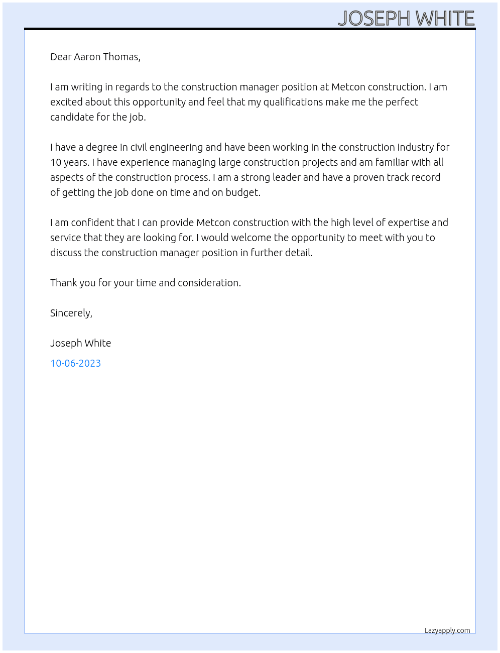 Construction manager At Metcon construction Cover Letter