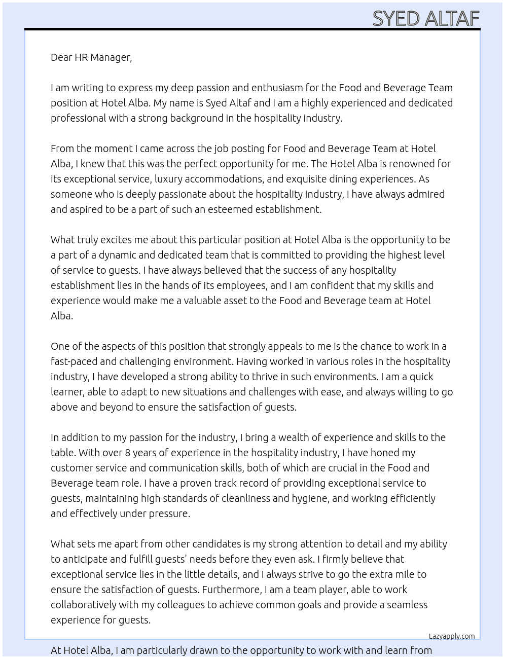 Food and beverage team At Hotel Alba Cover Letter