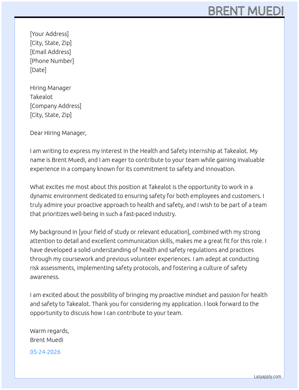 health and safety internship At Takealot Cover Letter