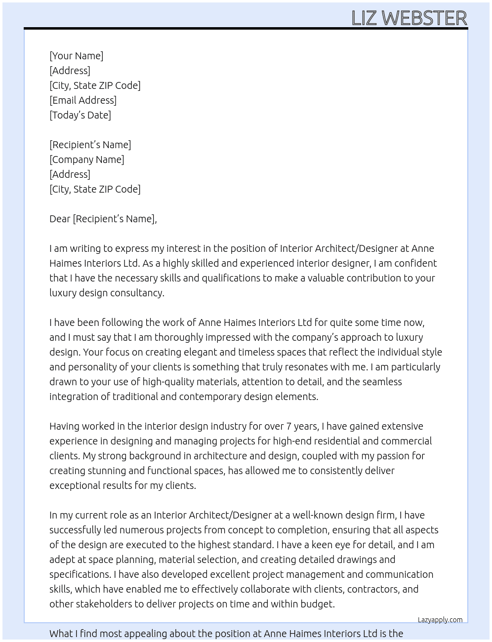 nterior Architect / Designer - Luxury Design Consultancy At Anne Haimes Interiors Ltd Cover Letter