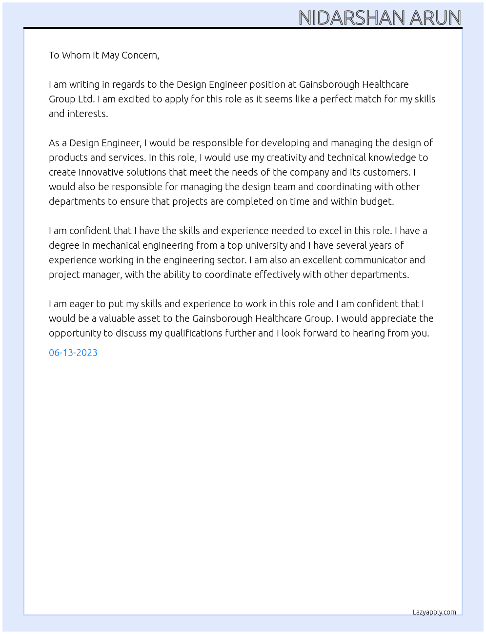 Design Engineer At Gainsborough Healthcare Group Ltd Cover Letter