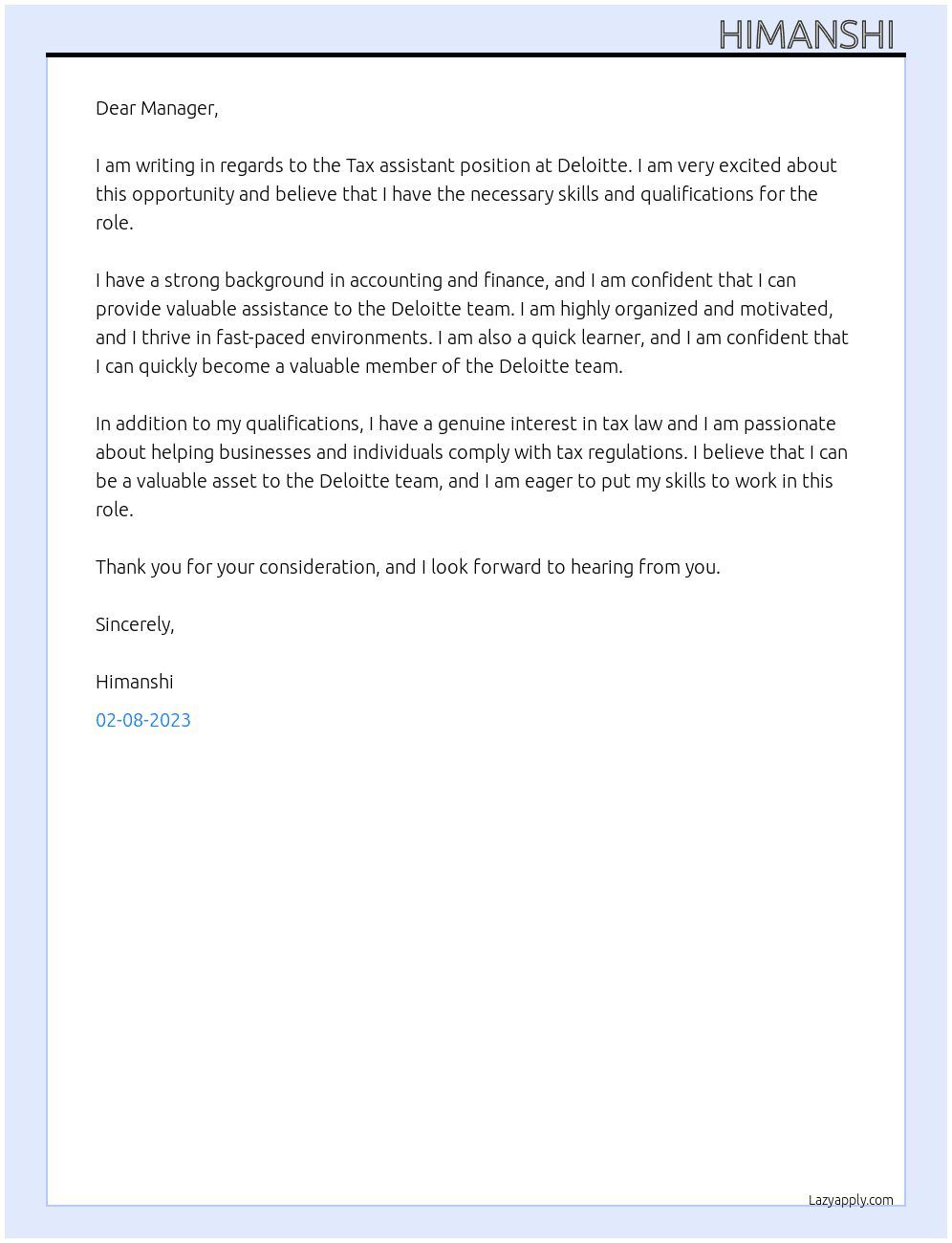 Tax assistant At Deloitte  Cover Letter