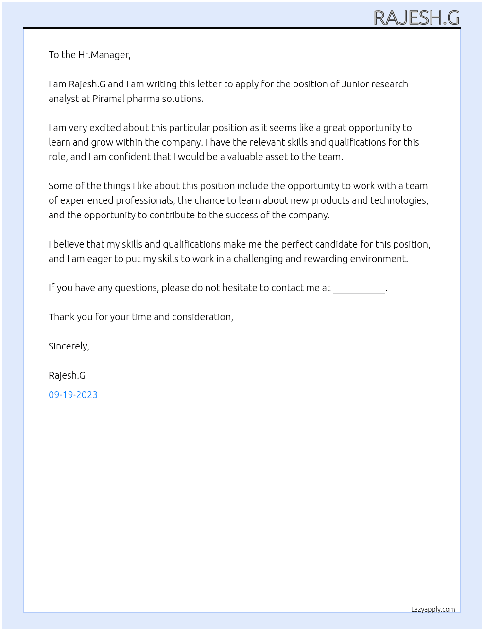 Junior research analyst  At Piramal pharma solutions  Cover Letter