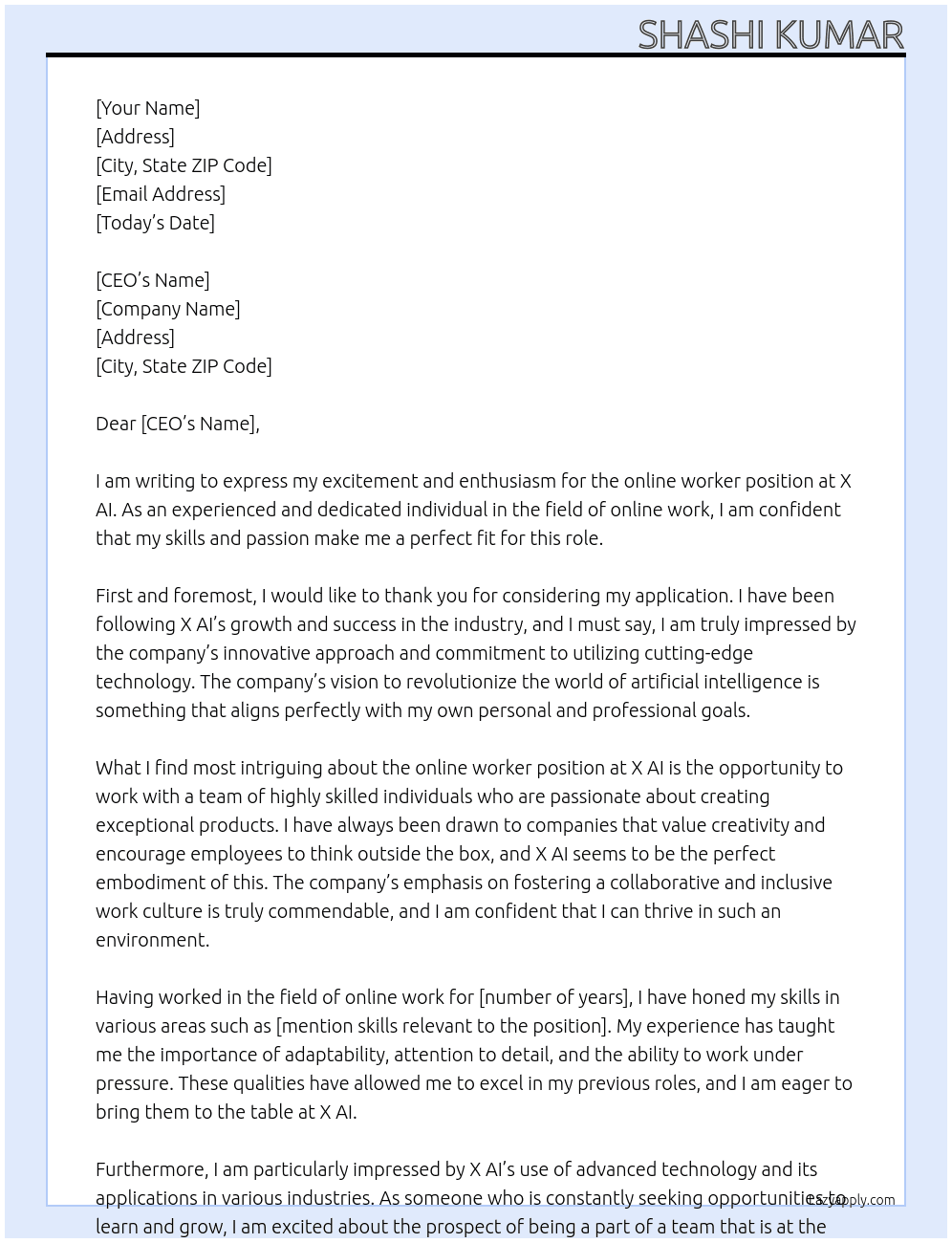 Cover letter for online worker - LazyApply