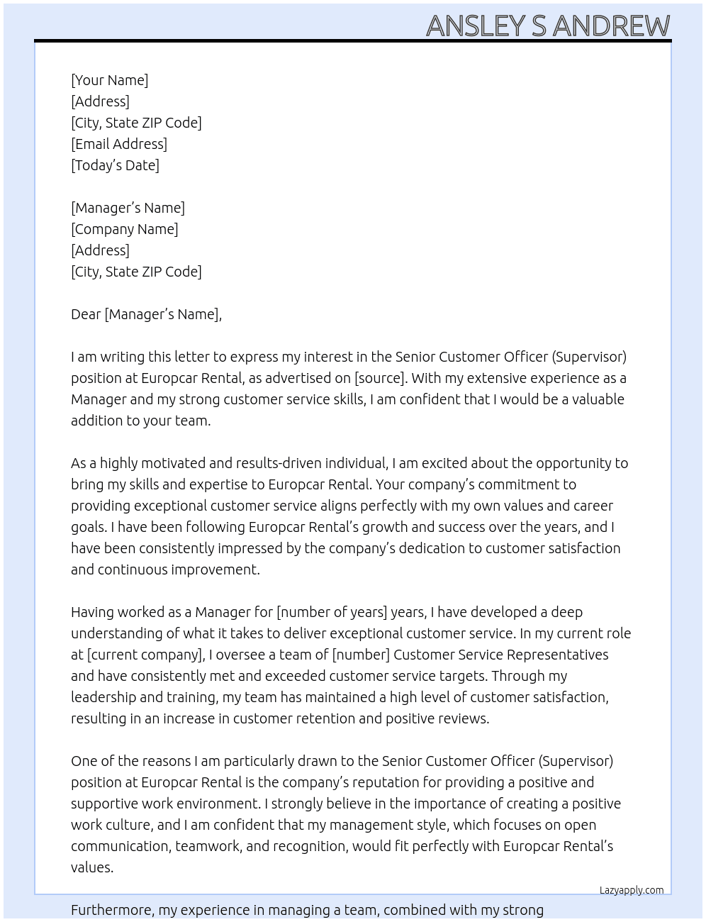 Senior Customer Officer (Supervisor) At Europcar Rental Cover Letter