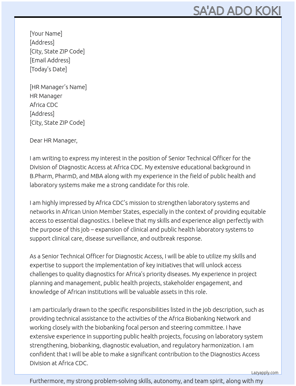Senior Technical Officer, Division of Diagnostic Access At Africa CDC Cover Letter