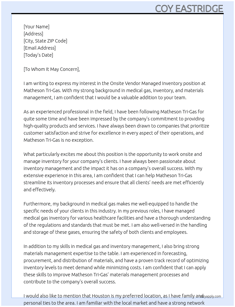 Onsite Vendor Managed Inventory At Matheson Tri-Gas Cover Letter