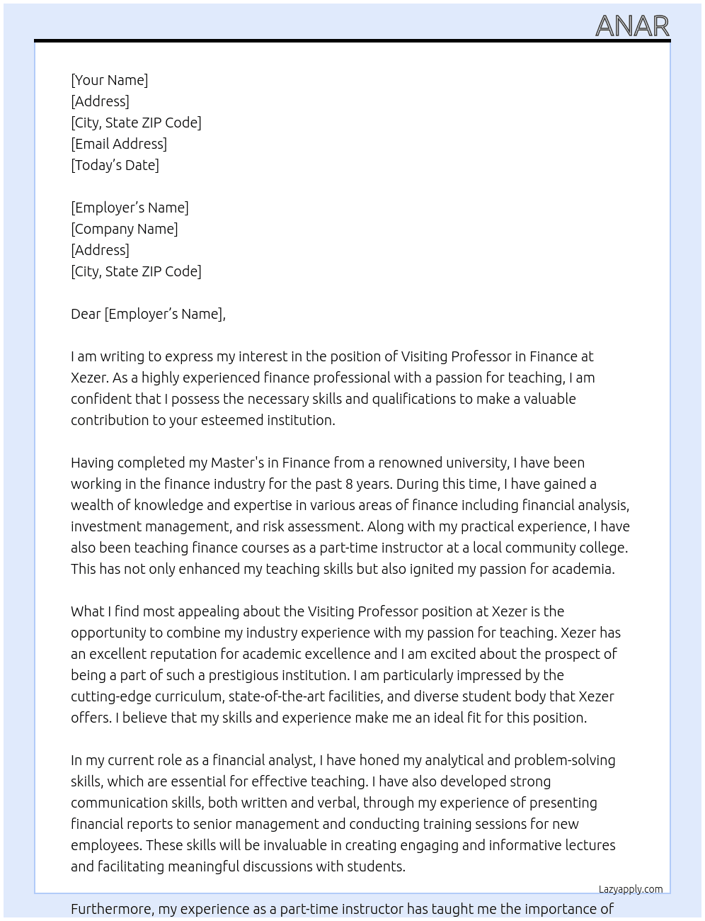 Visiting Professor in Finance At Xezer Cover Letter