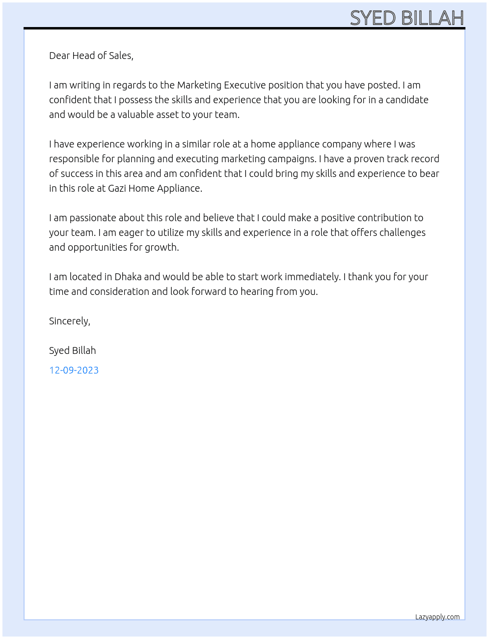 Marketing Executive  At Gazi Home Appliance  Cover Letter