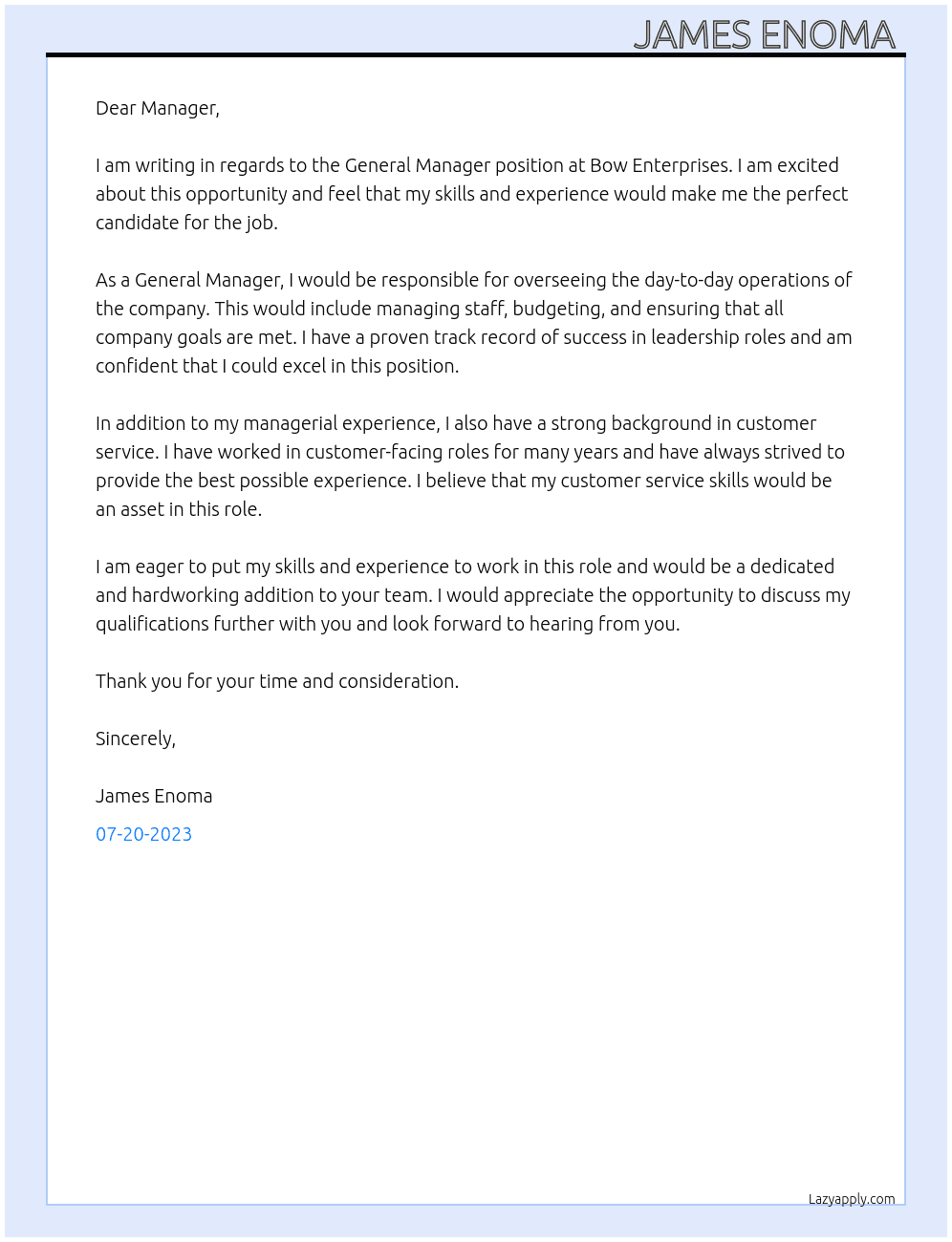General Manager  At Bow Enterprises  Cover Letter
