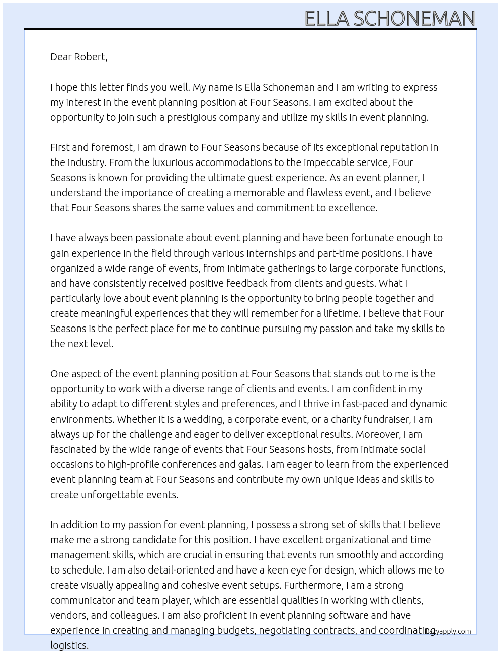 event planning At Four Seasons Cover Letter