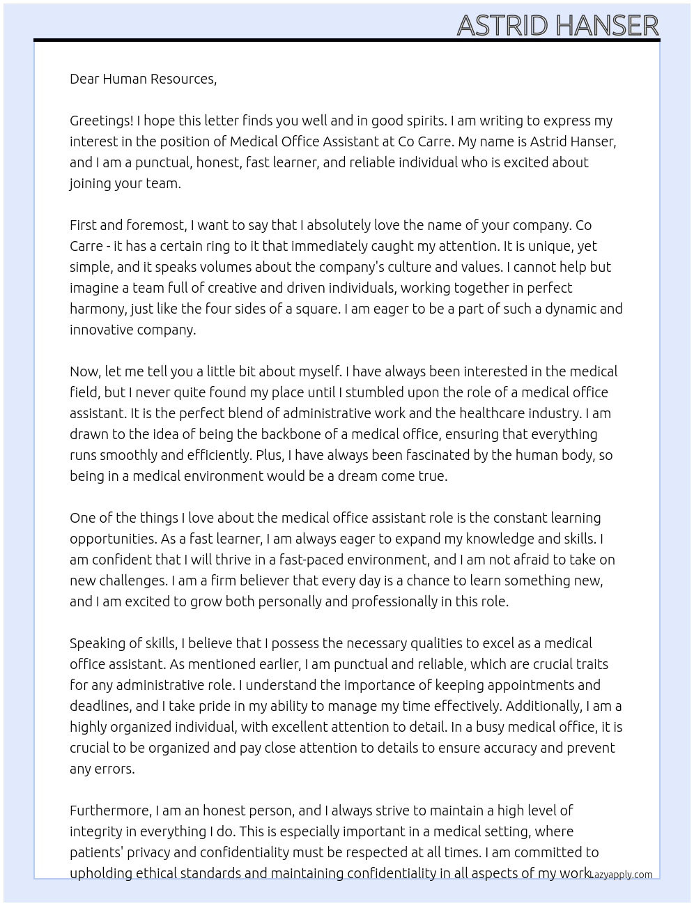 medical office assistant At co carre  Cover Letter