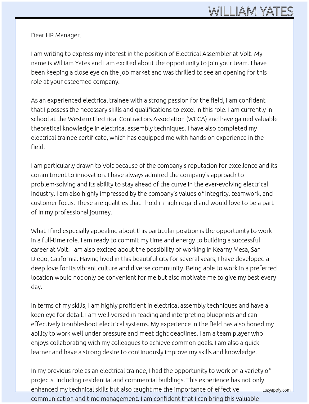 Electrical assembler At Volt Cover Letter