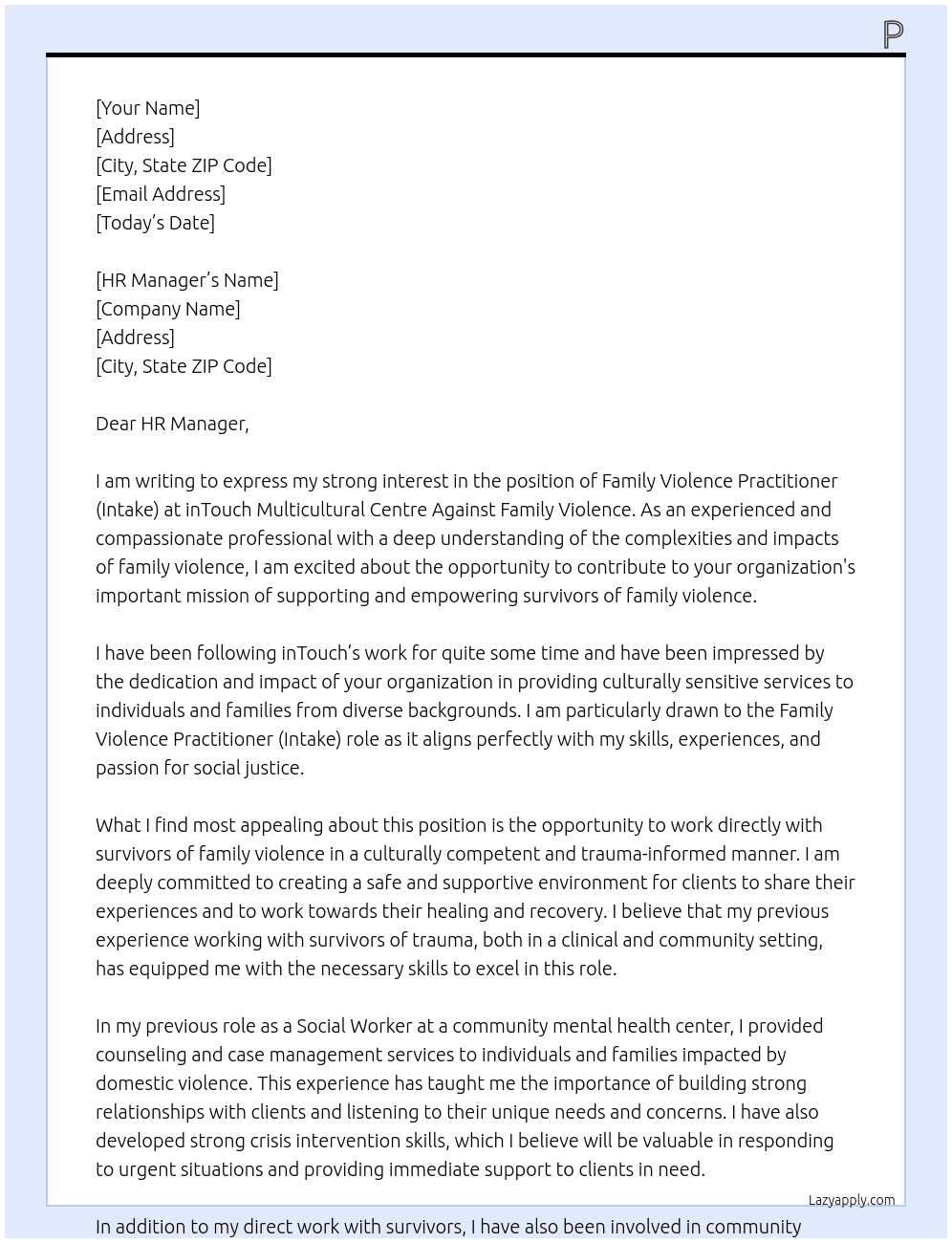 FAMILY VIOLENCE PRACTITIONER (INTAKE) At inTouch Multicultural Centre Against Family Violence Cover Letter