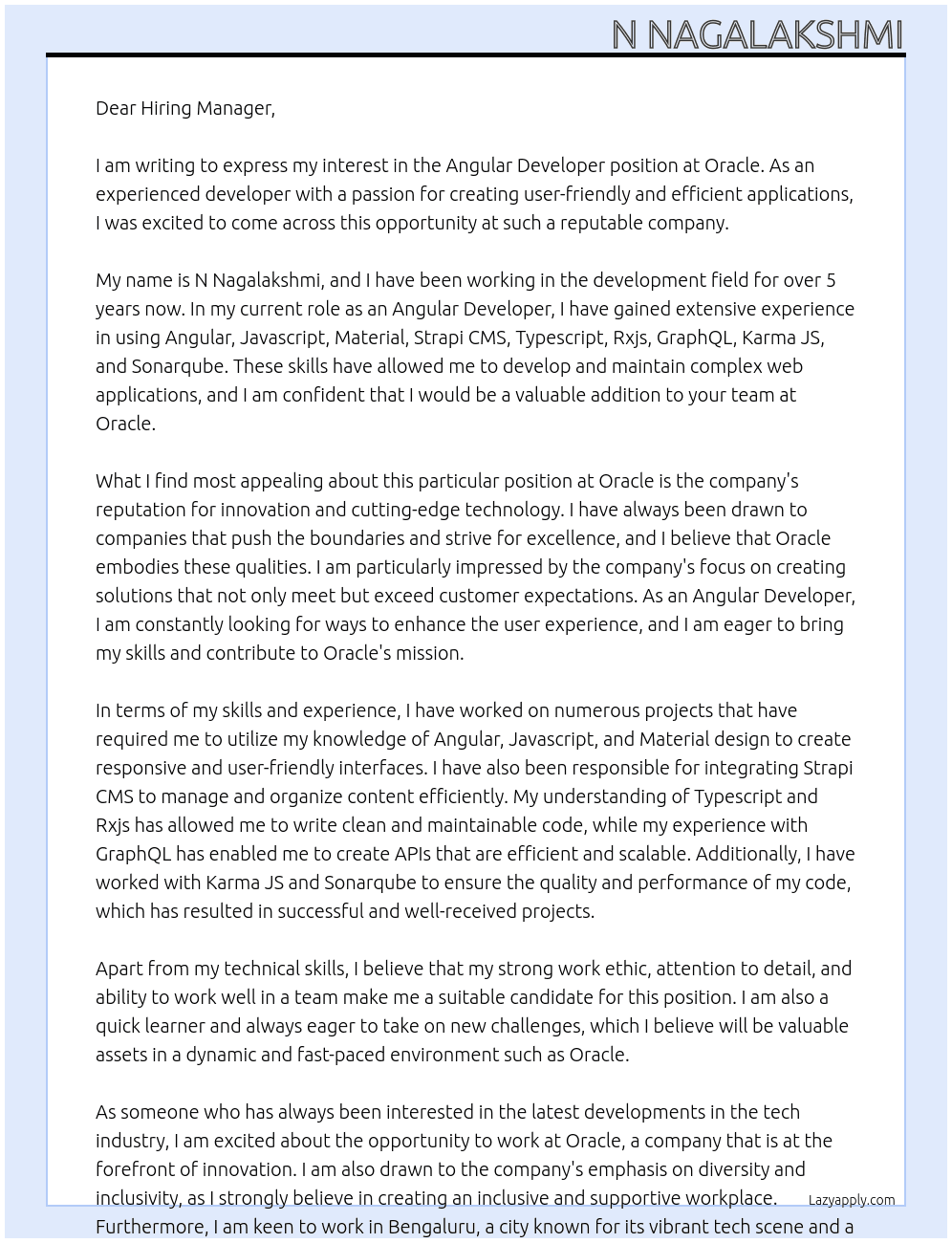 Angular Developer At Oracle Cover Letter