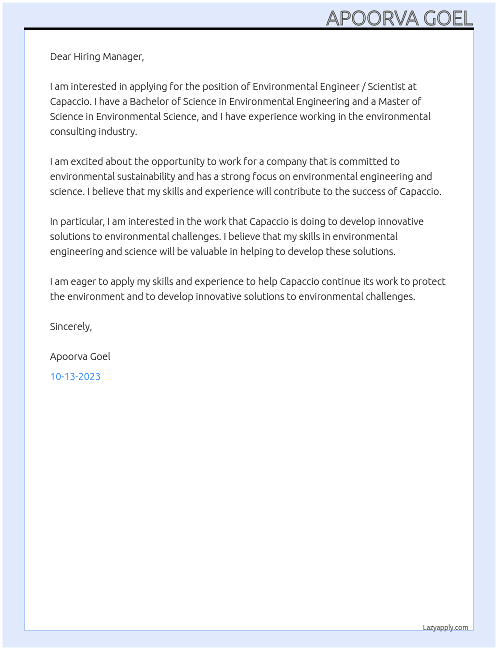 Environmental Engineer / Scientist At Capaccio Cover Letter