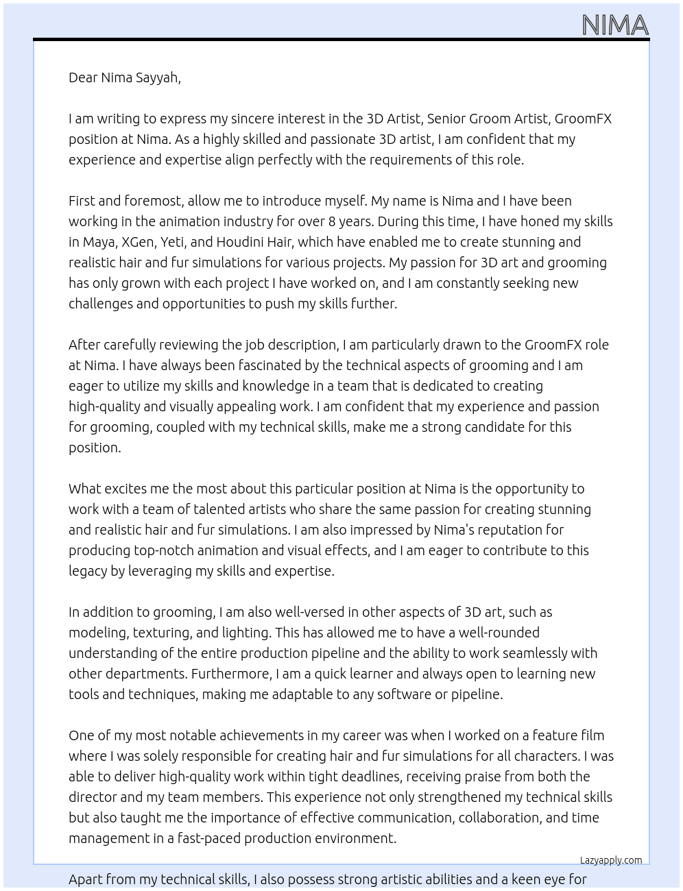 3D Artist, Senior Groom Artist, GroomFX At Nima Cover Letter
