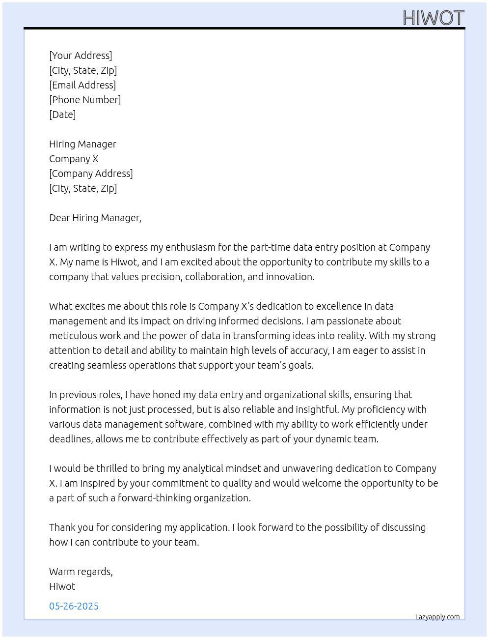 Cover letter for part time data entry - LazyApply