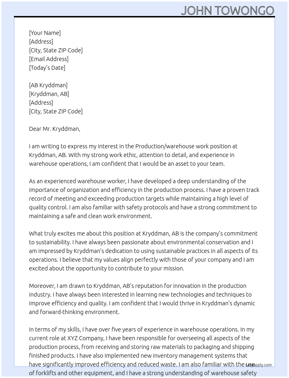 Production/warehouse work At Kryddman, AB Cover Letter