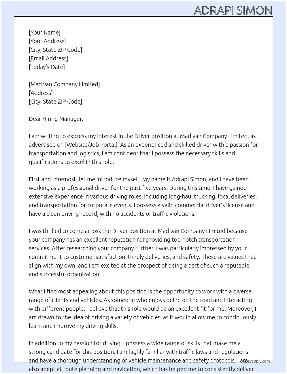 Driver At Mad van Cover Letter