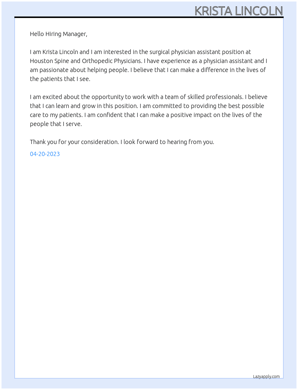 Surgical Physician Assistant At Houston Spine and Orthopedic Physitians  Cover Letter
