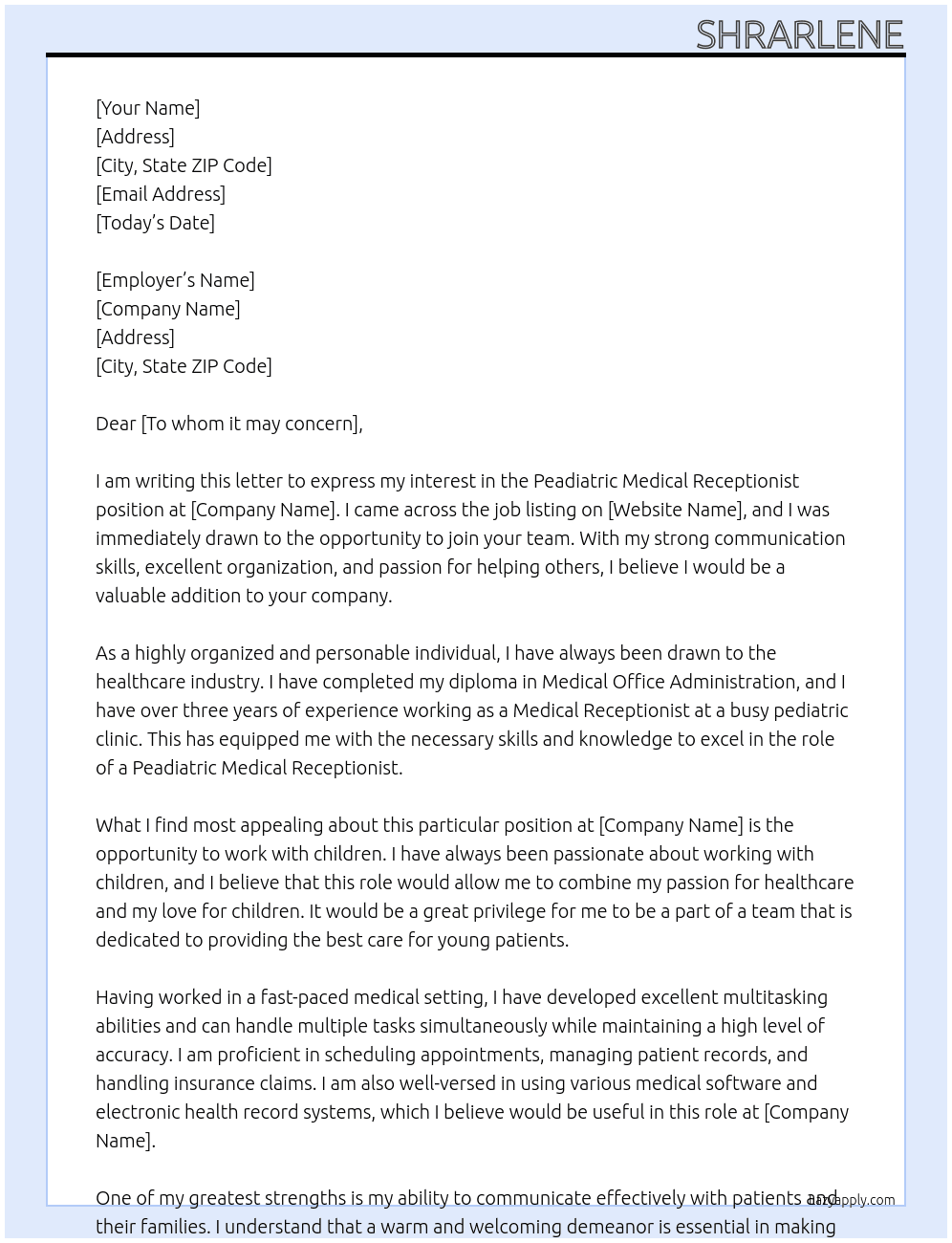 Peadiatric Medical Receptionist  At Medical Receptionist Cover Letter