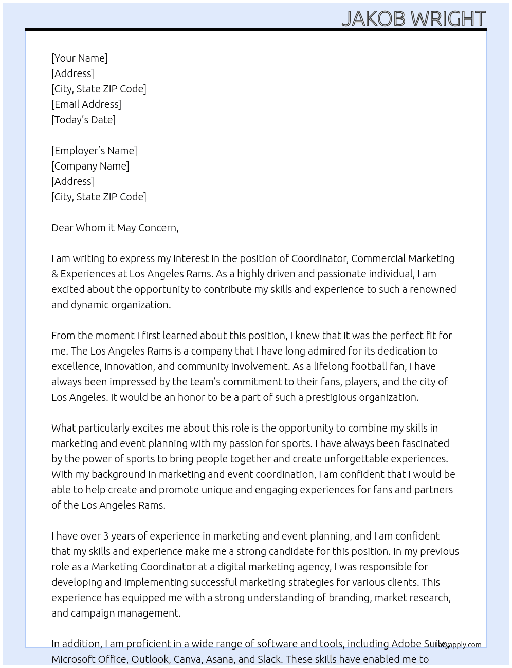 Coordinator, Commercial Marketing & Experiences At Los Angeles Rams Cover Letter