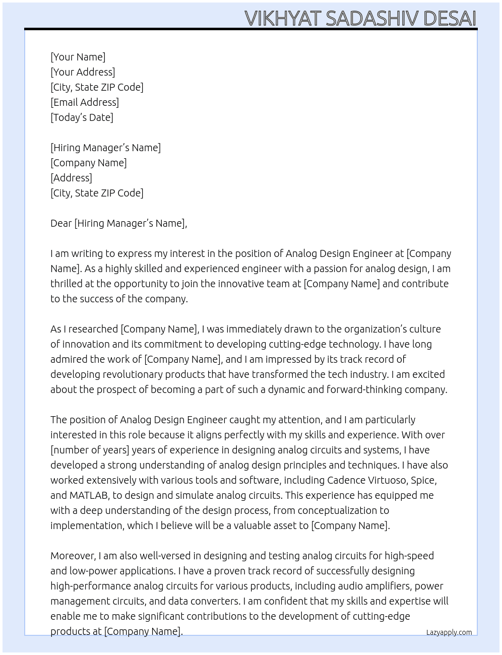 Cover letter for analog design engineer - LazyApply
