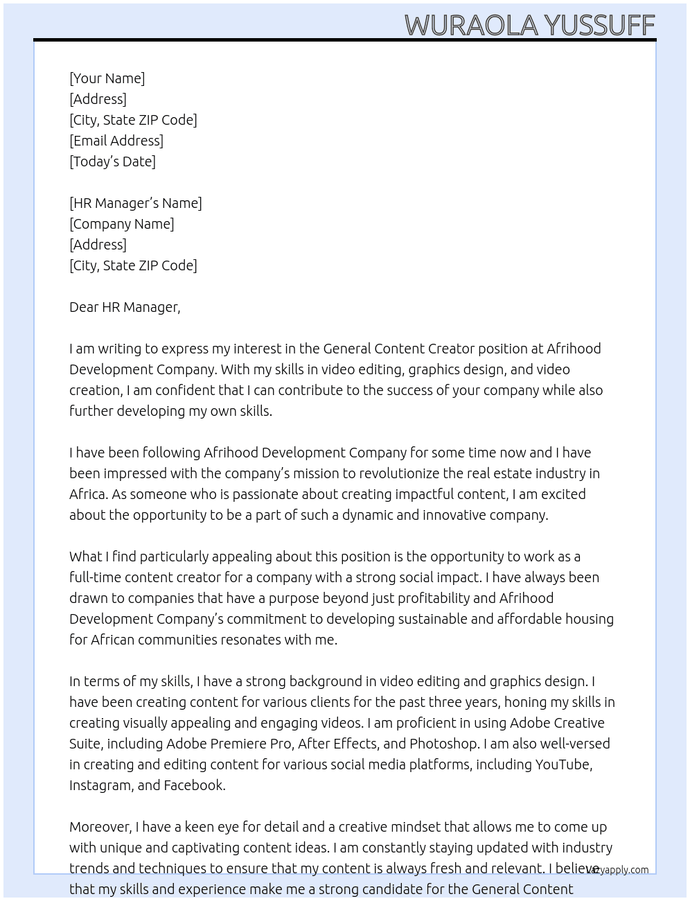 General Content Creator At Afrihood Development Company Cover Letter