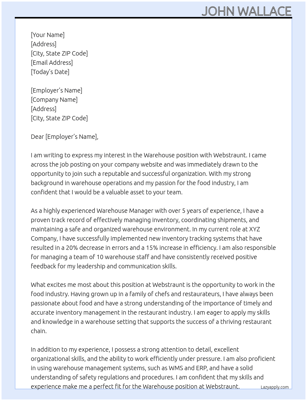 Warehouse At Webstraunt  Cover Letter