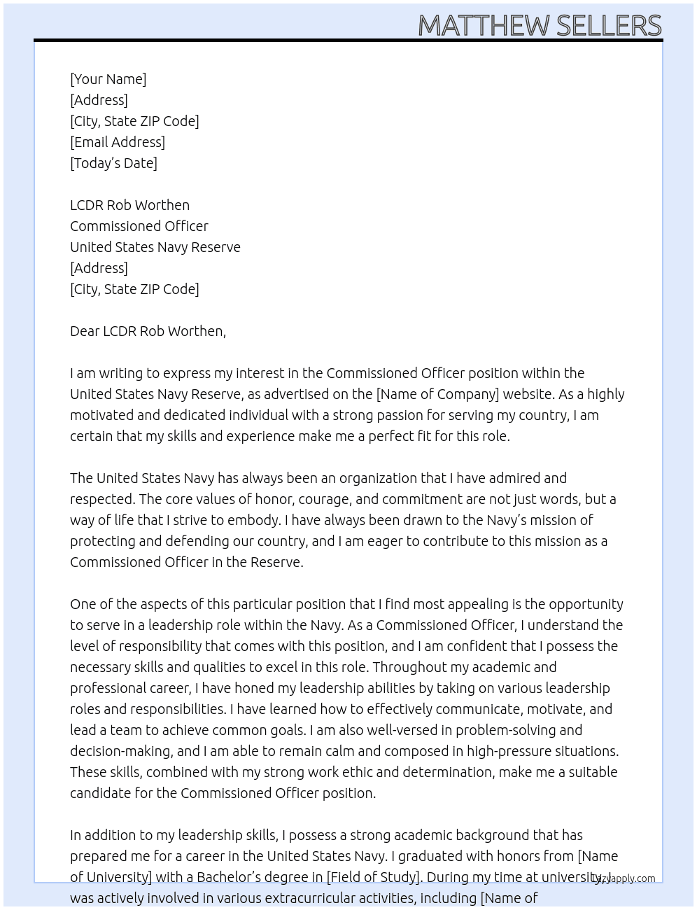 Commissioned Officer, United States Navy Reserve At United States Navy Cover Letter