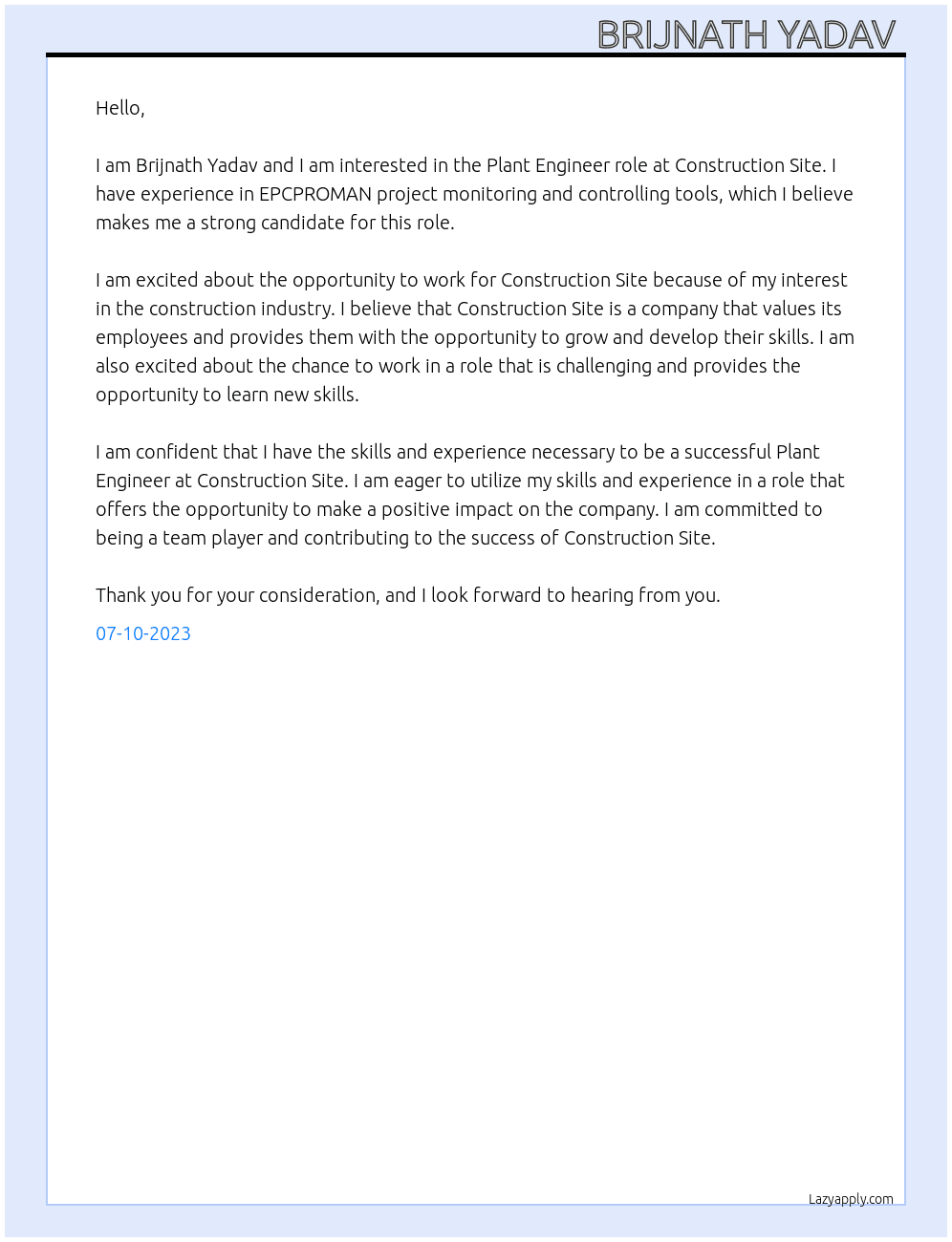Plant Engineer  At Construction Site  Cover Letter