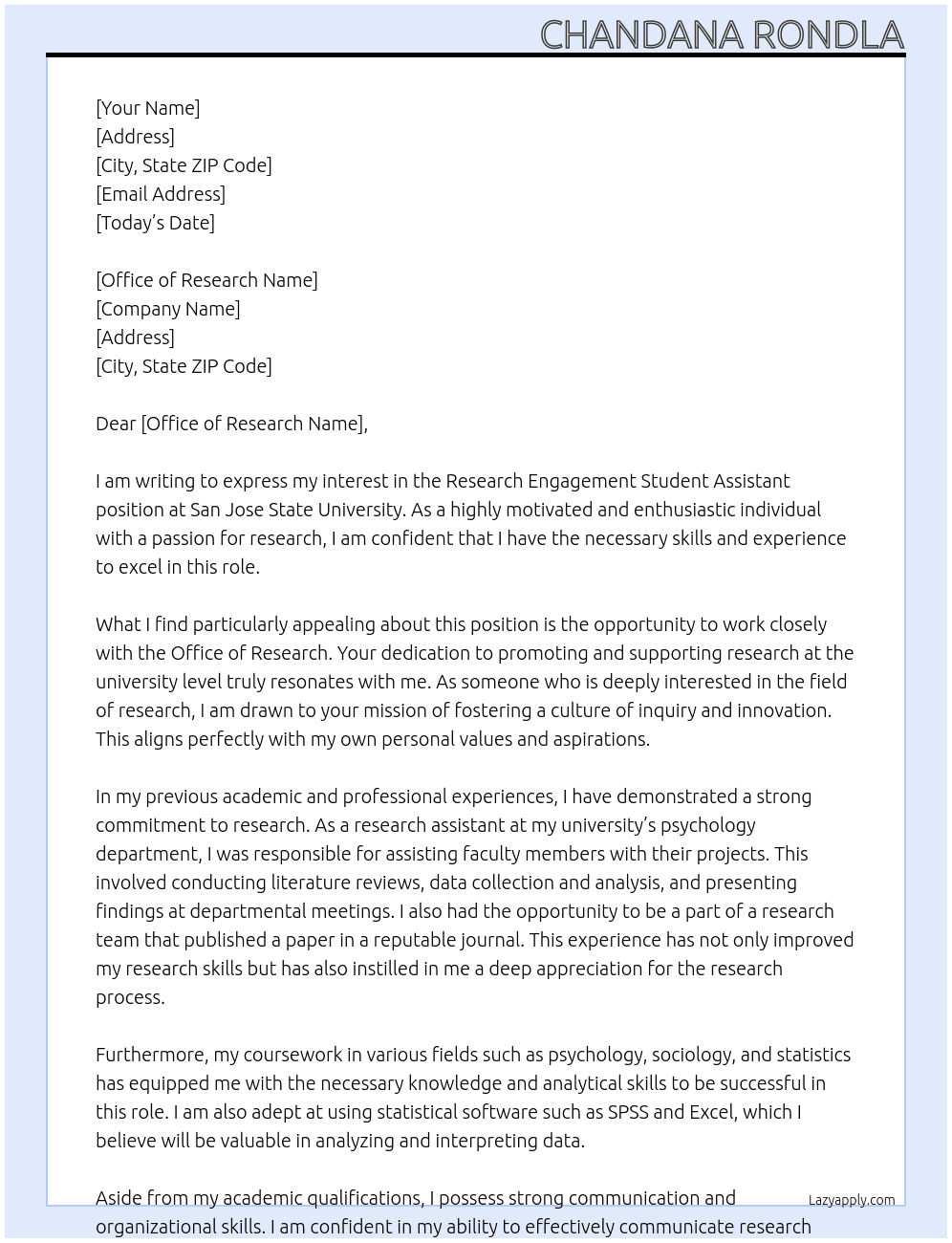research engagement student assistant At san jose state university Cover Letter
