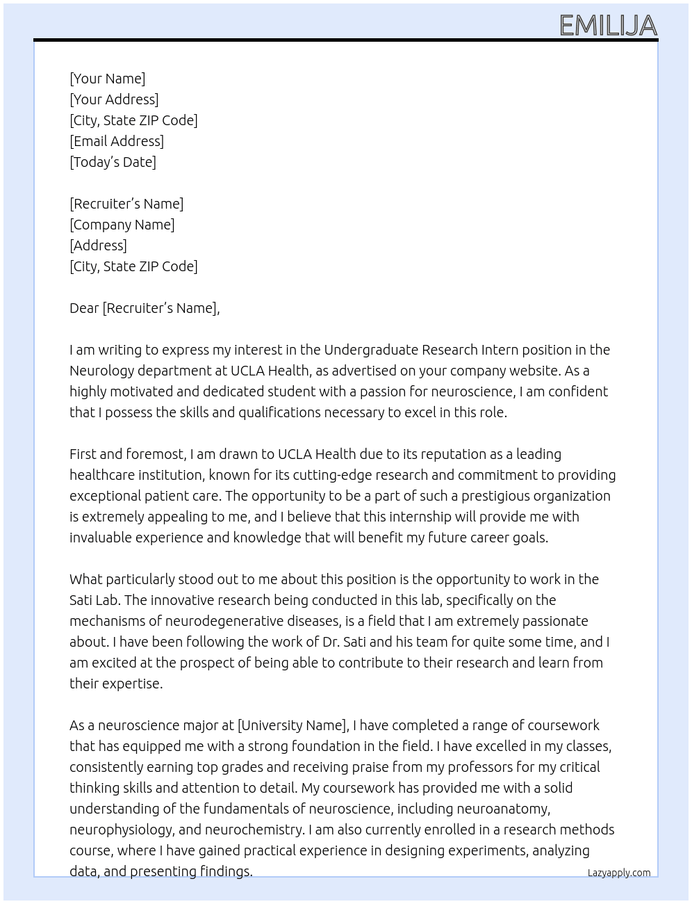 Undergraduate Research Intern - Neurology - Sati Lab (Academic Credit) At UCLA Health Cover Letter