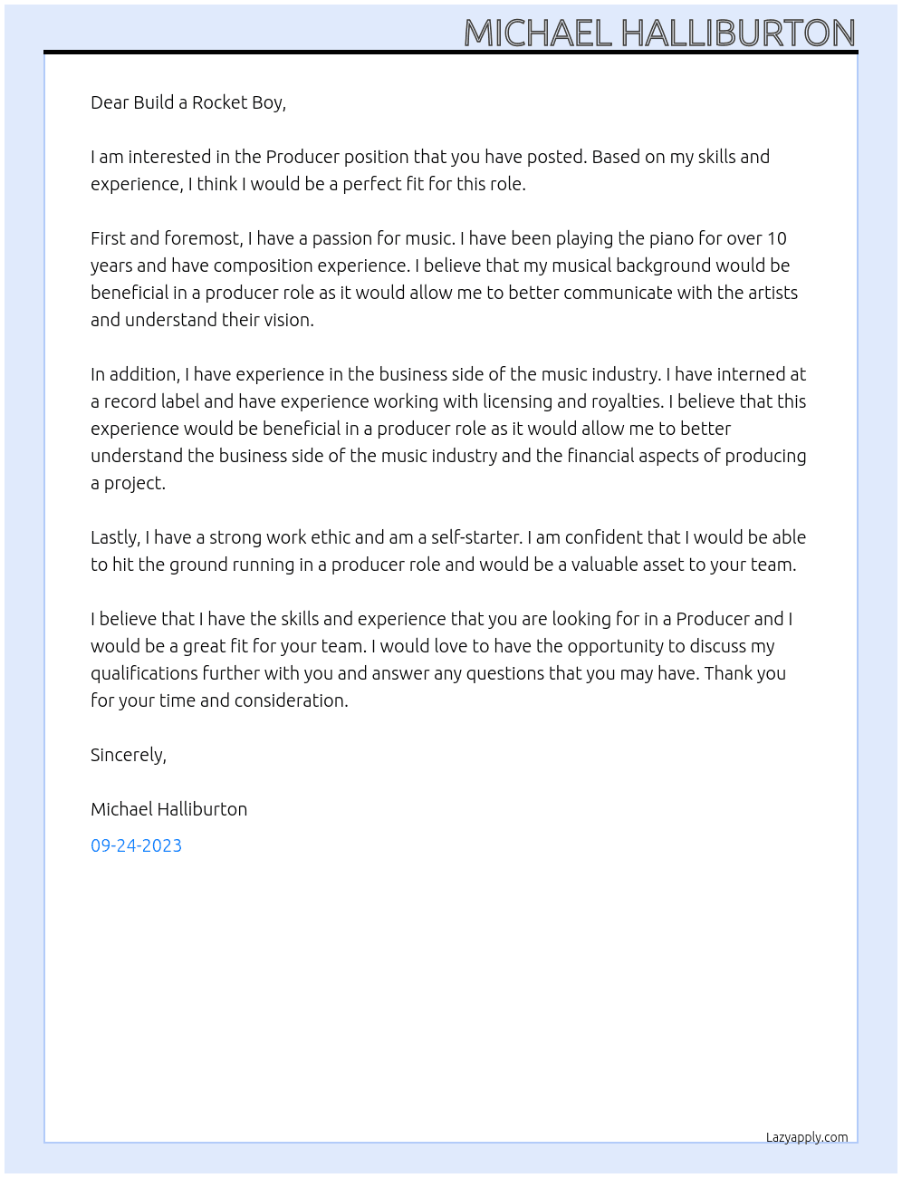 Producer At Build a Rocket Boy Cover Letter