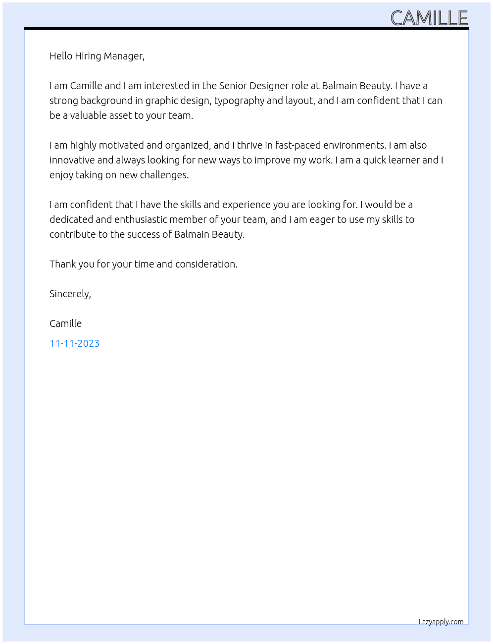 Senior Designer At Balmain Beauty Cover Letter