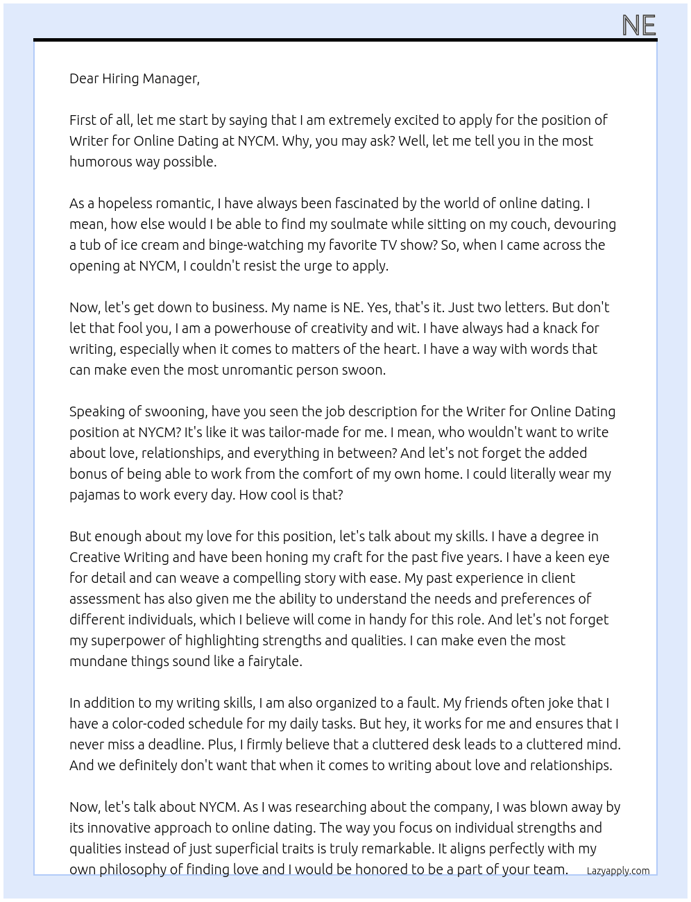 Writer for Online Dating At NYCM Cover Letter