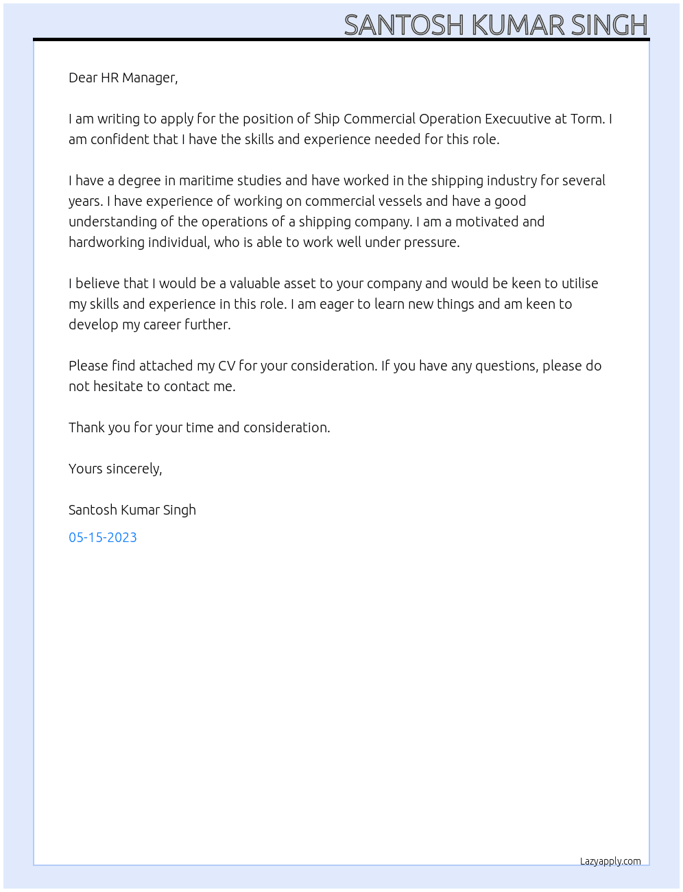 Ship Commercial Operation Execuutive At Torm Cover Letter