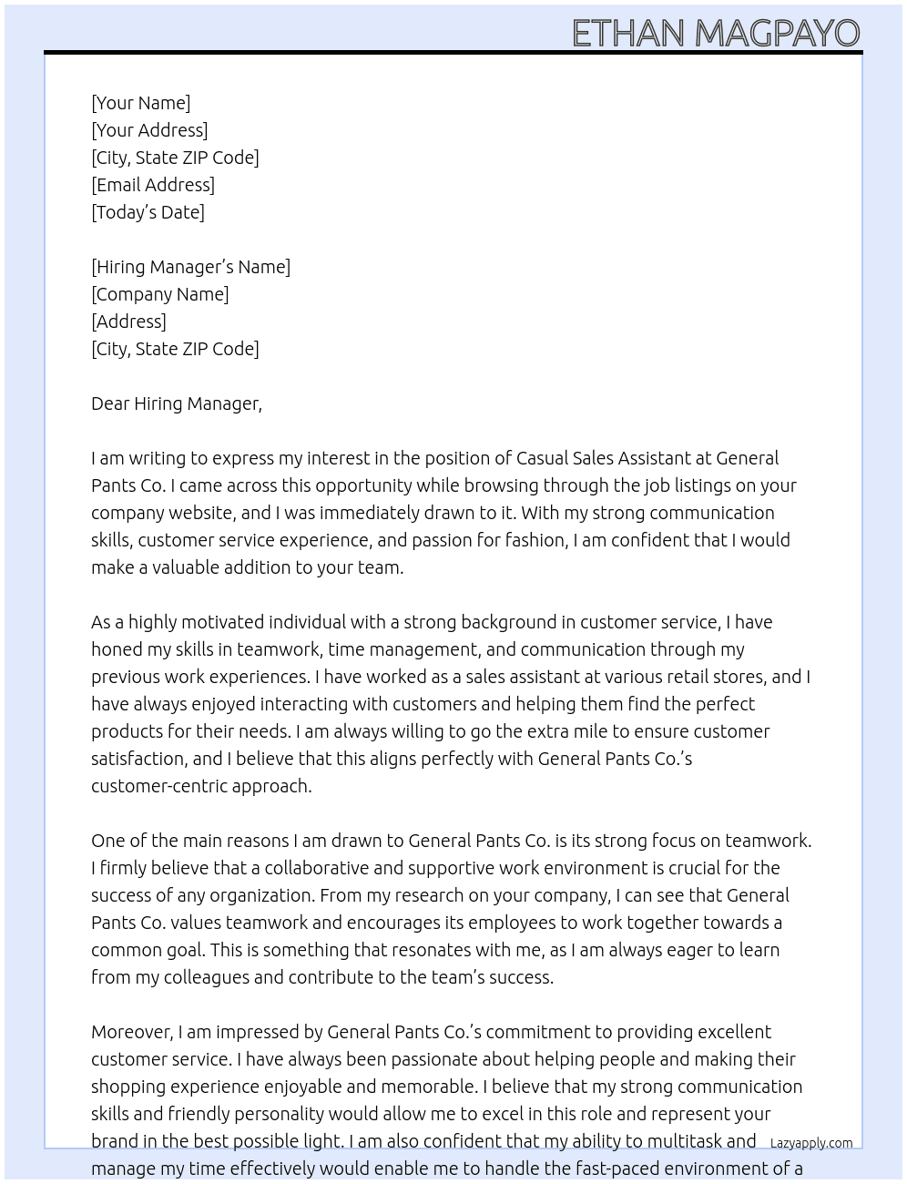 Casual Sales Assistant At General Pants Co.  Cover Letter