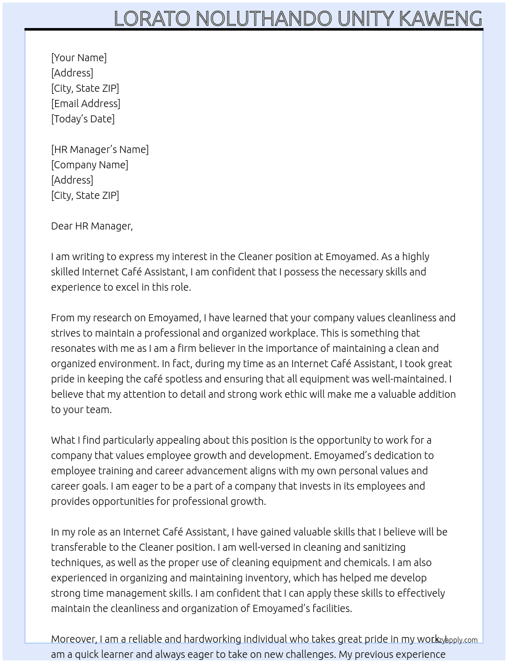 Cleaner  At Emoyamed Cover Letter