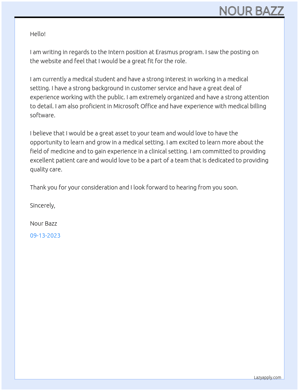Intern, MD At Erasmus program Cover Letter