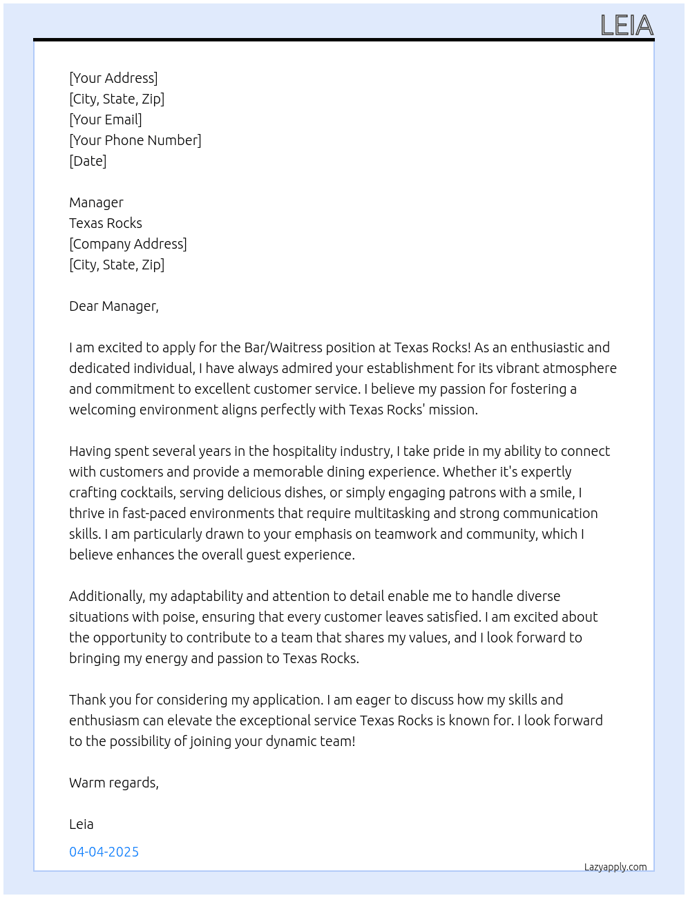 Cover letter for bar / waitress - LazyApply