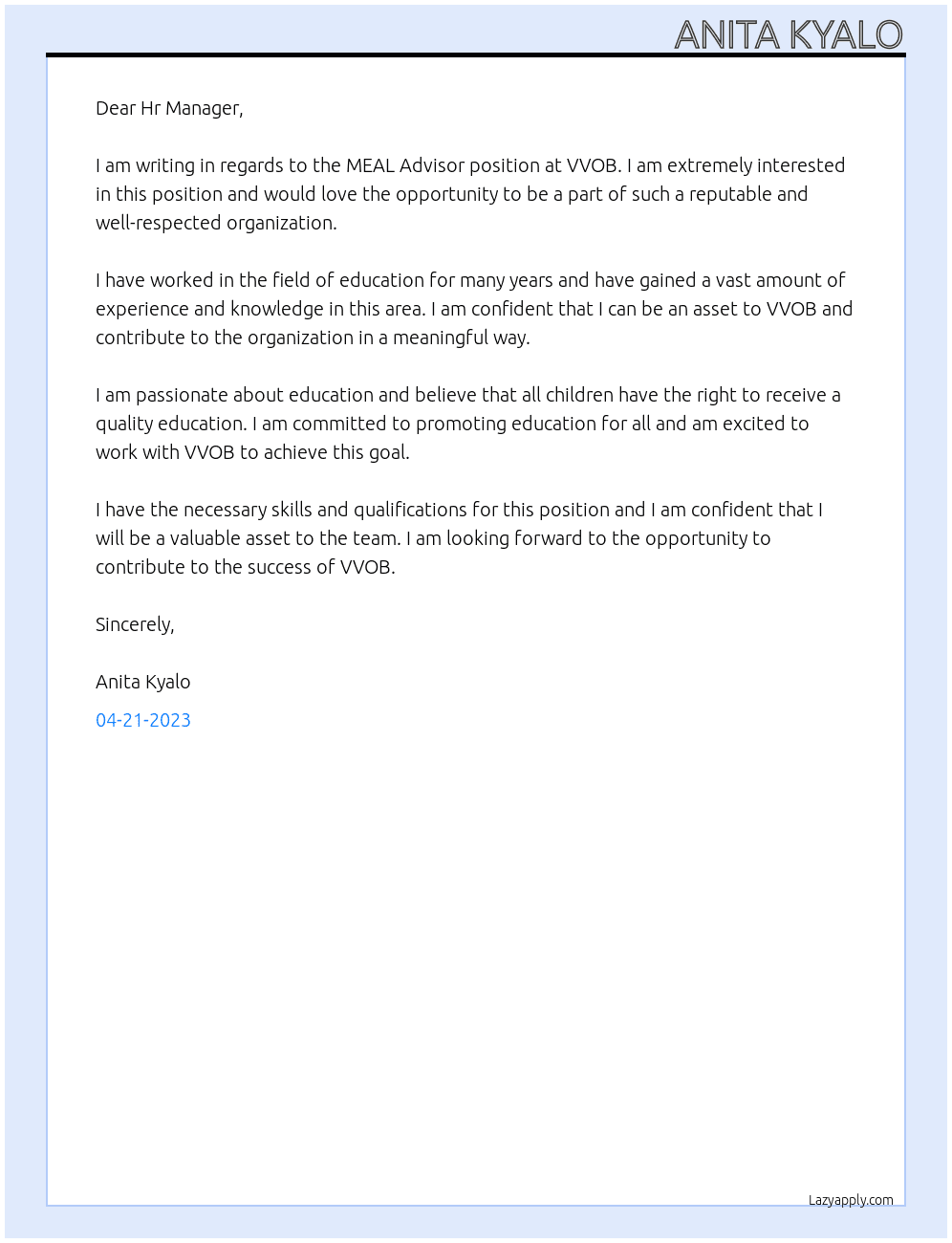 MEAL Advisor At VVOB Cover Letter