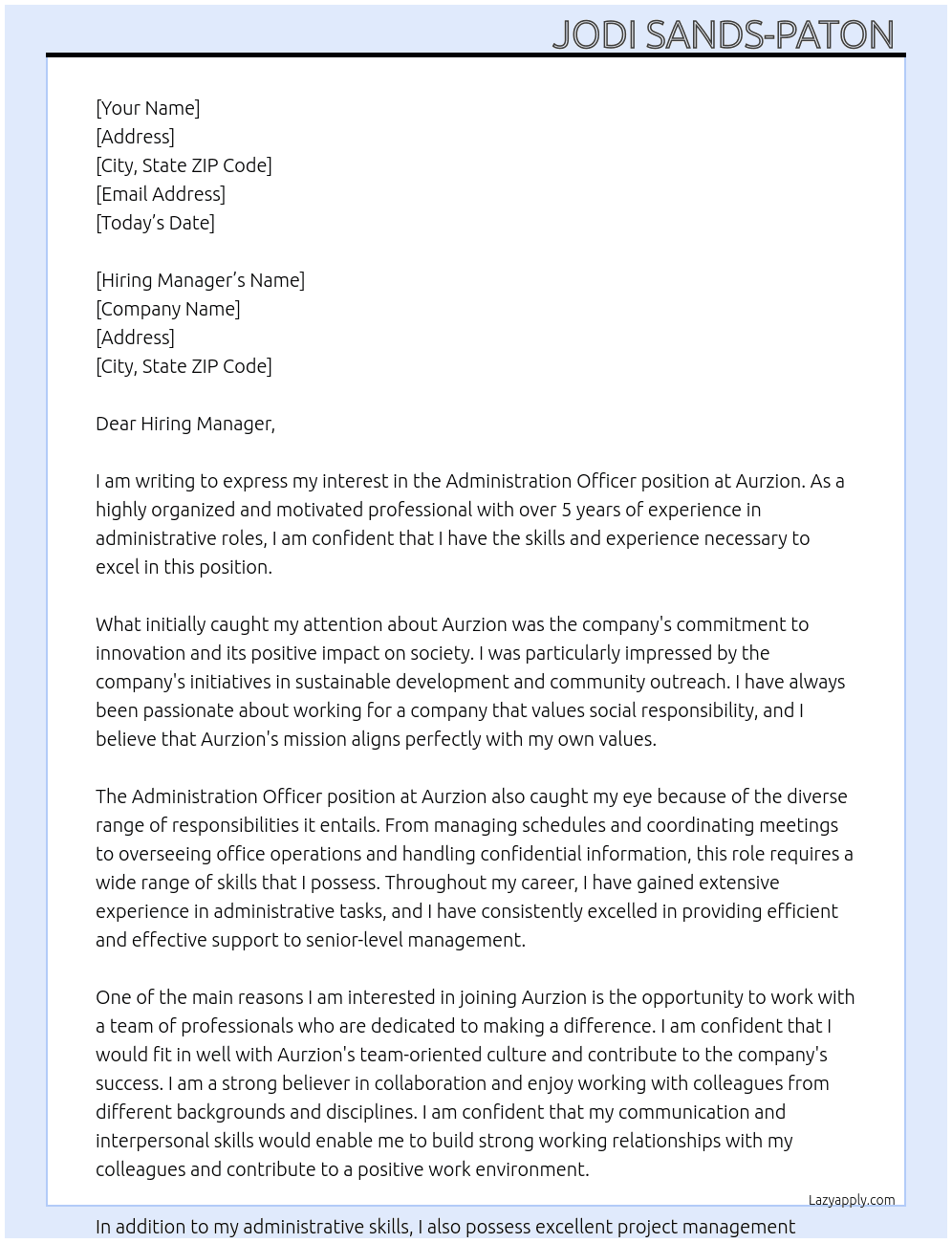 Administration Officer At Aurzion Cover Letter