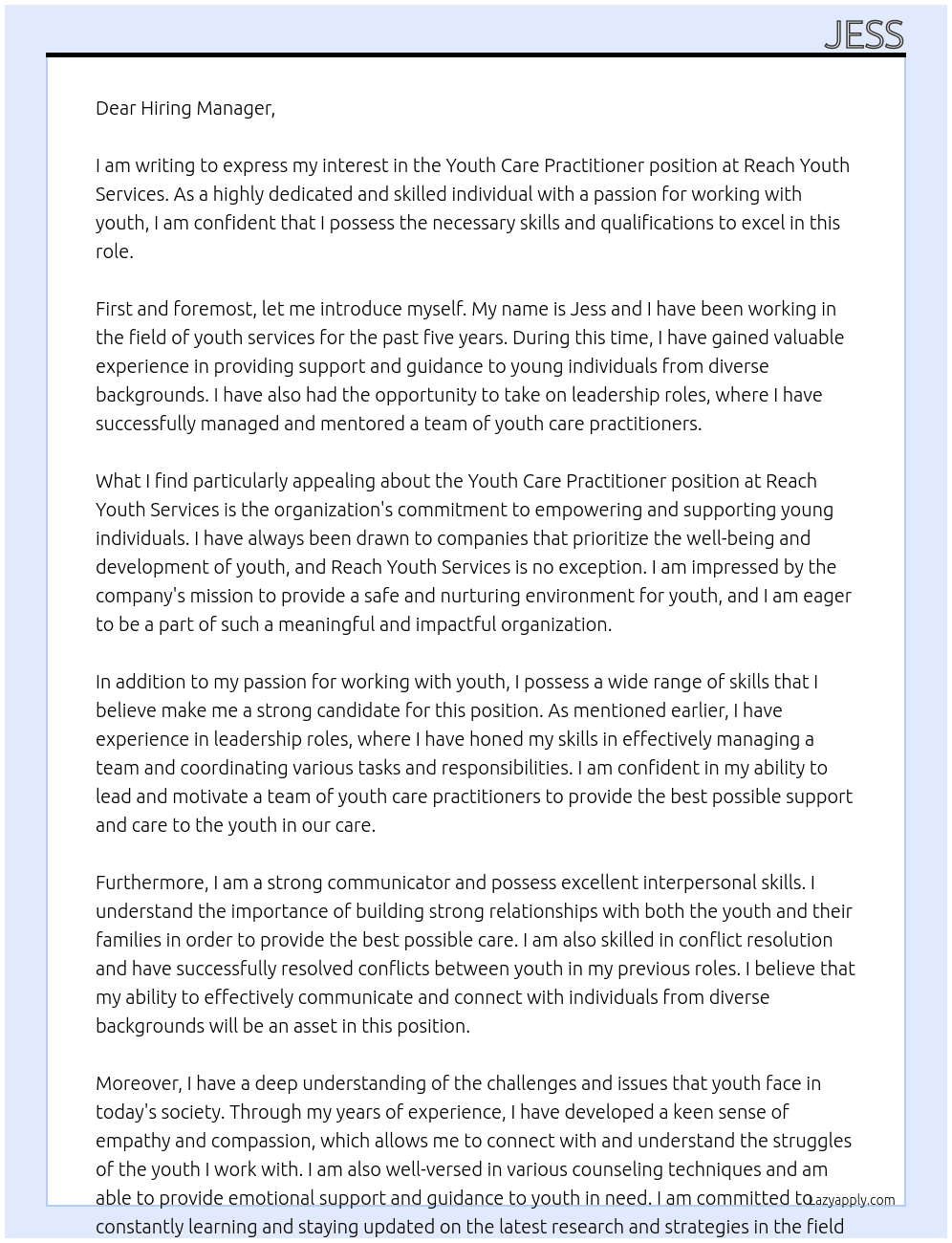 Youth Care Practitioner At Reach Youth Services Cover Letter