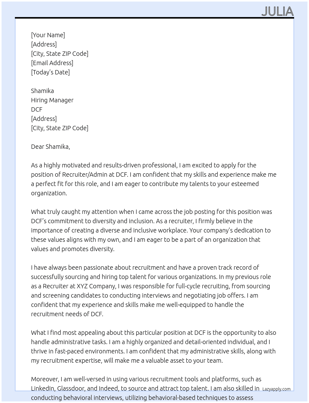 Recruiter/ Admin At DCF Cover Letter