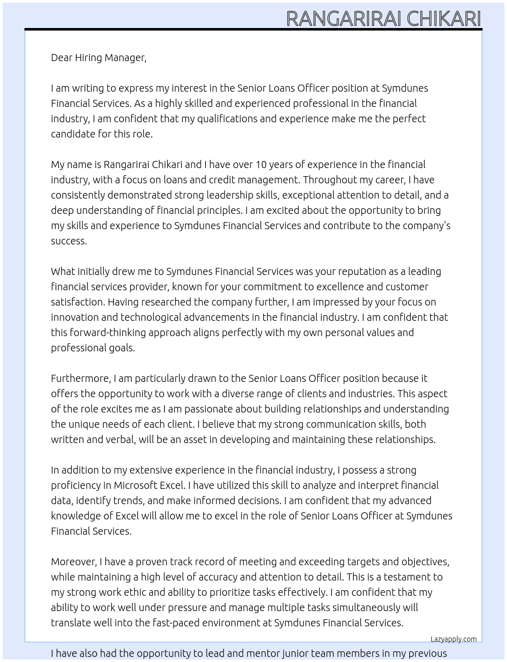 Senior Loans Officer At Symdunes Financial Services Cover Letter