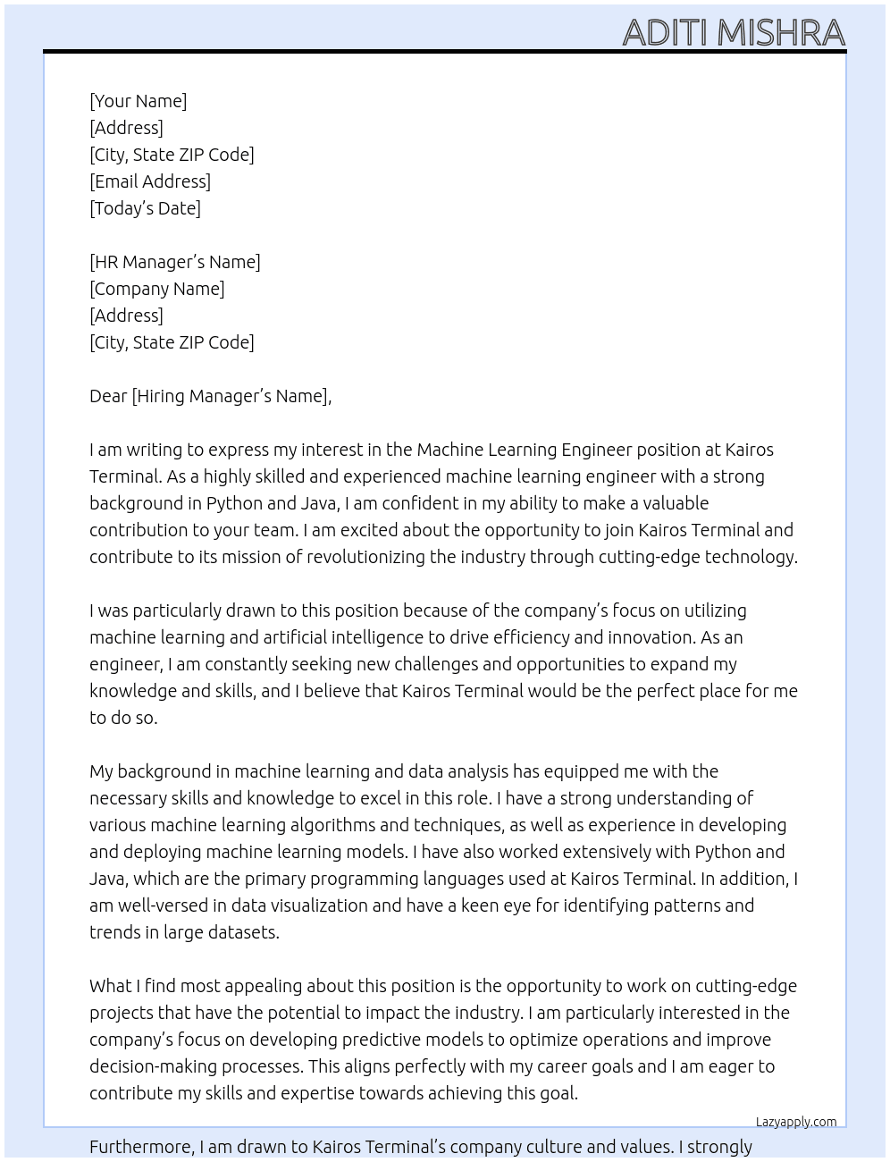Machine learning Engineer At Kairos Terminal Cover Letter