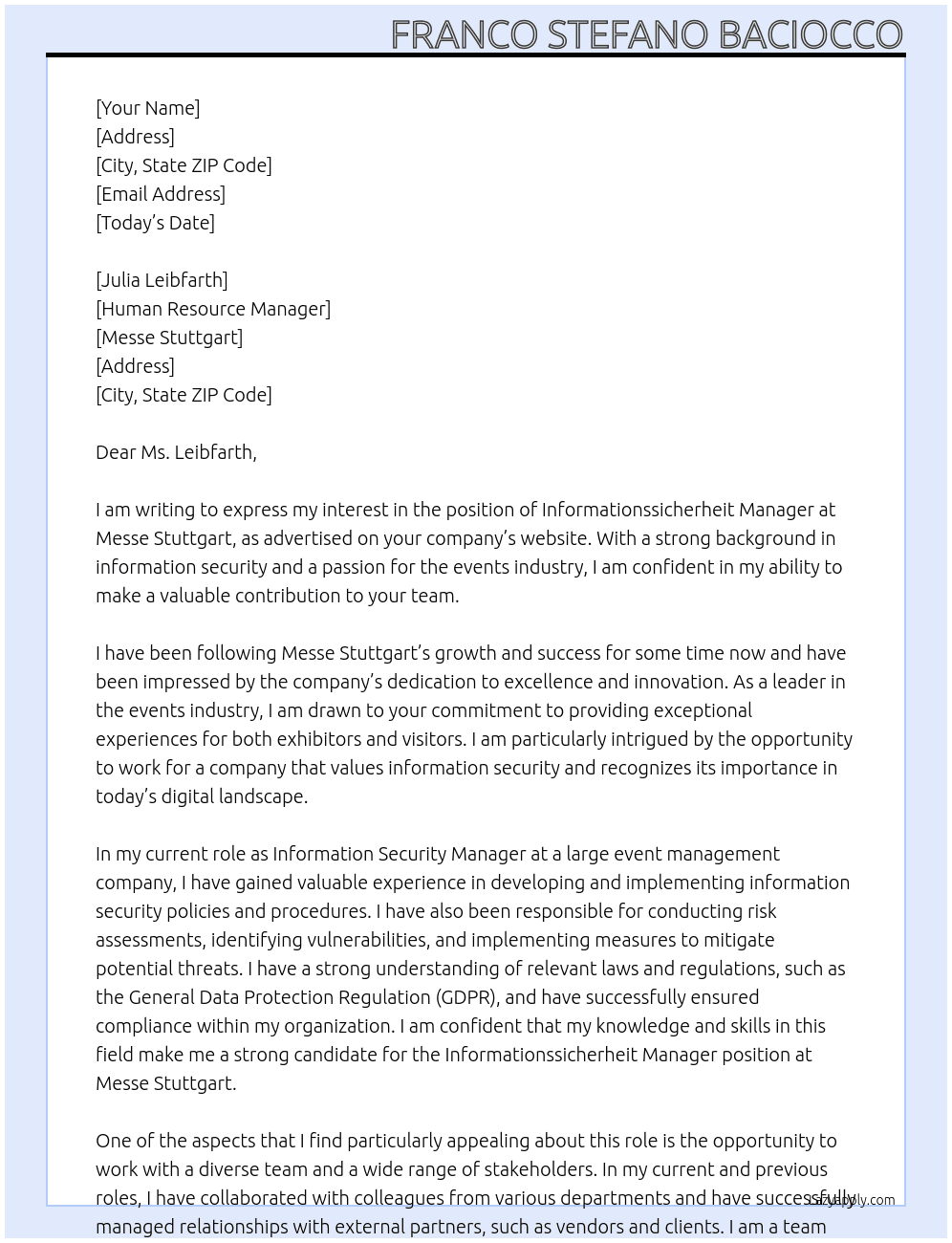 Informationssicherheit Manager At Messe Stuttgart Cover Letter