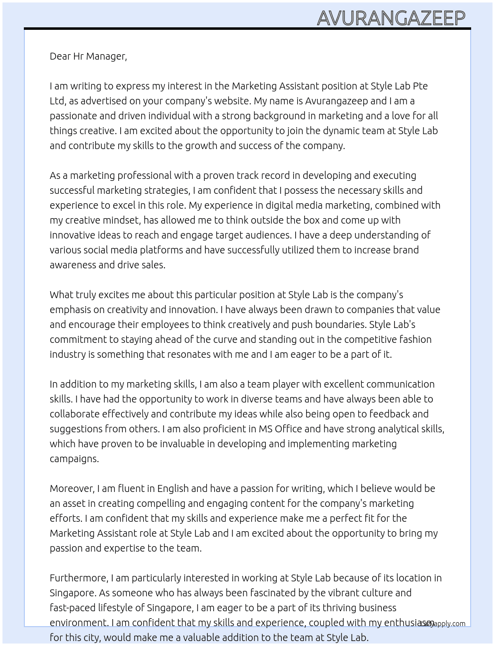 Marketing Assistant  At Style Lab Pte Ltd Cover Letter